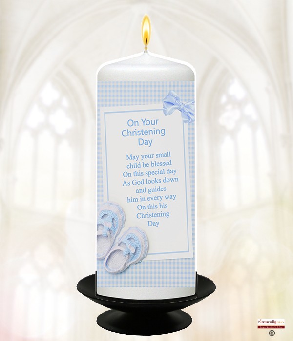 Gingham Bow & Shoes Blue Christening Candle