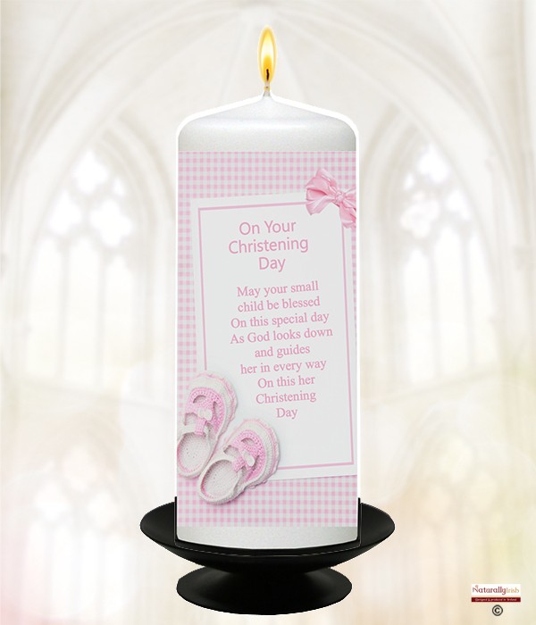 Gingham Bow & Shoes Pink Christening Candle