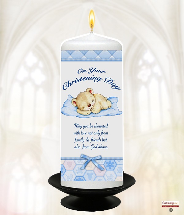 Teddy & Pillow Blue Christening Candle