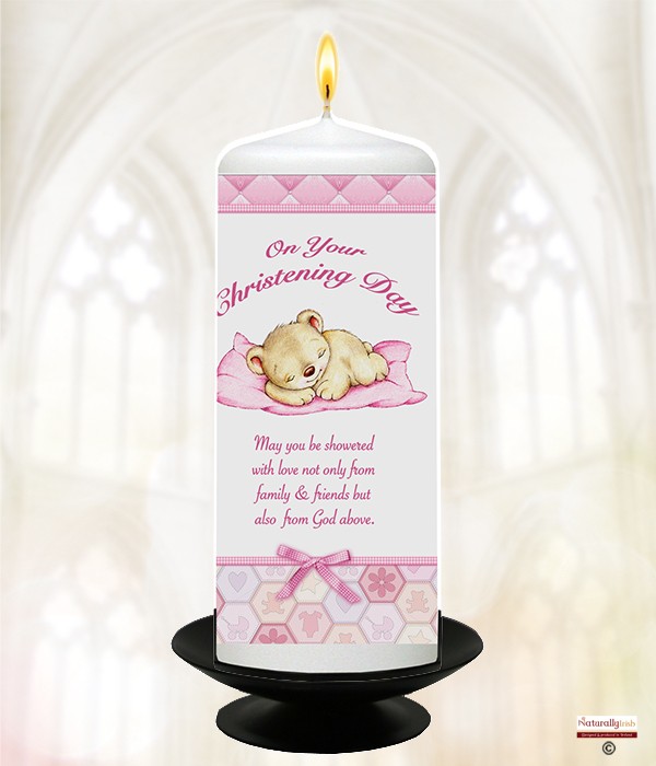 Teddy & Pillow Pink Christening Candle
