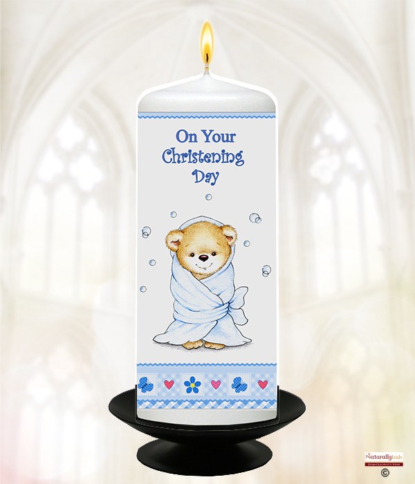Gingham Teddy & Bubbles Blue Christening Candle