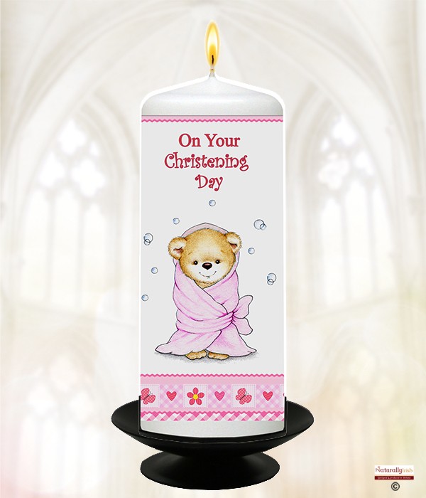 Gingham Teddy & Bubbles Pink Christening Candle
