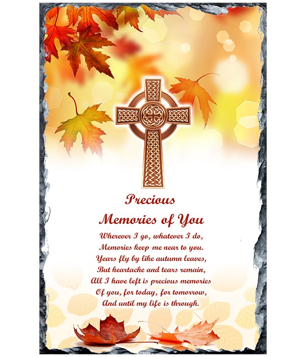 Remembrance Slate Celtic Cross & Autumn Leaves