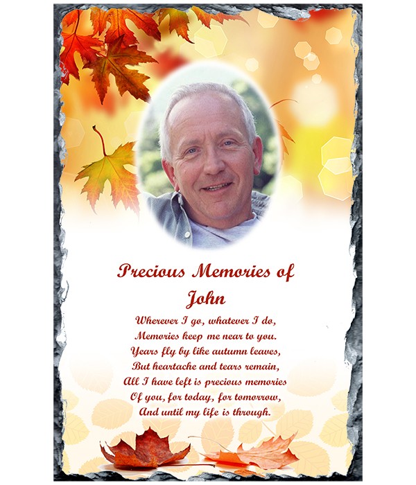 Remembrance Slate Celtic Cross Autumn Leaves & Photo