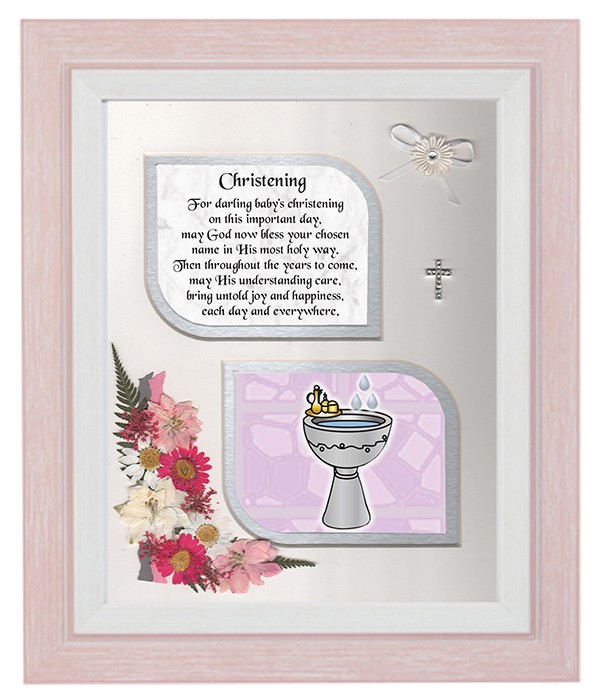 Christening Pink Font Ribbon, Cross & Flowers Verse & Photo Forever Frame