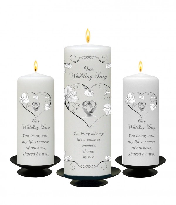 Flower Heart Silver Set (1 x 9 inch & 2 x 6 inch Candles)