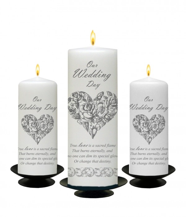 Rose Heart Silver Set (1 x 9 inch & 2 x 6 inch Candles)