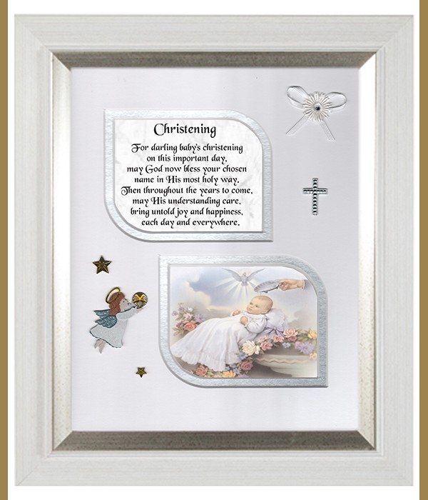 Christening Traditional Font Ribbon, Cross & Flowers Verse & Photo Forever Frame
