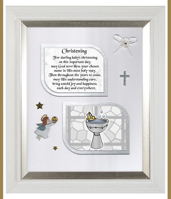 Christening Silver Font Ribbon, Cross & Flowers Verse & Photo Forever Frame