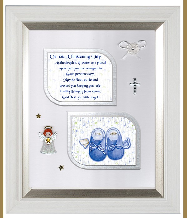 Christening Blue Booties, Cross & Flowers Verse & Photo Forever Frame