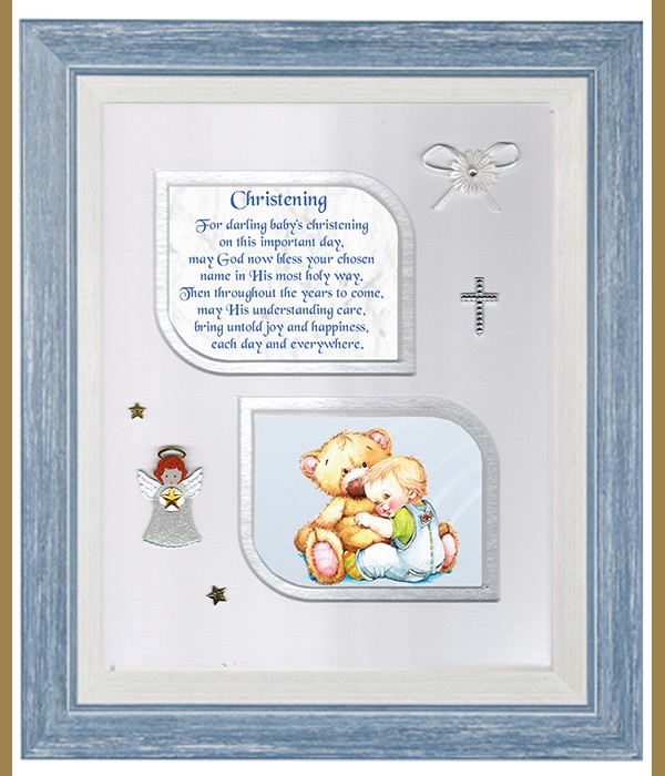 Christening Boy & Teddy, Cross & Flowers Verse & Photo Forever Frame