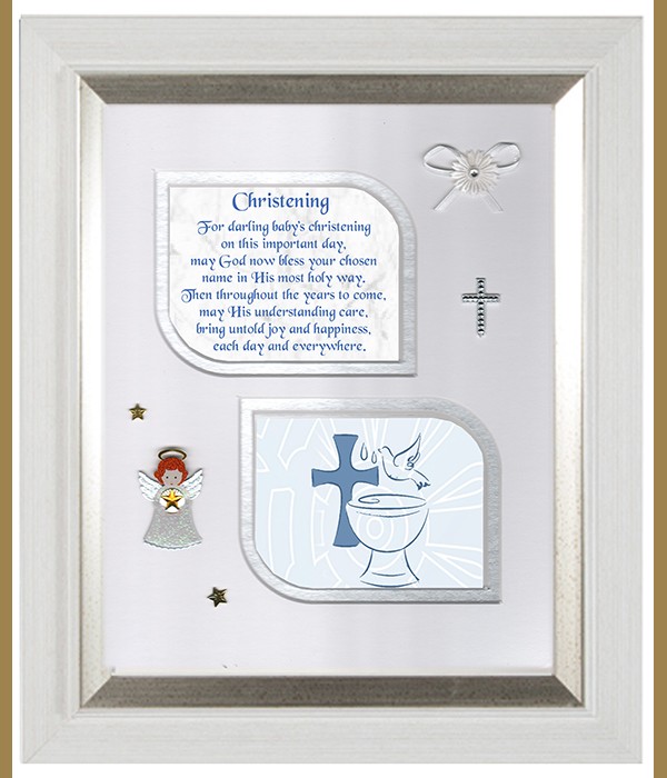 Christening Blue Font & Dove, Cross & Flowers Verse & Photo Forever Frame