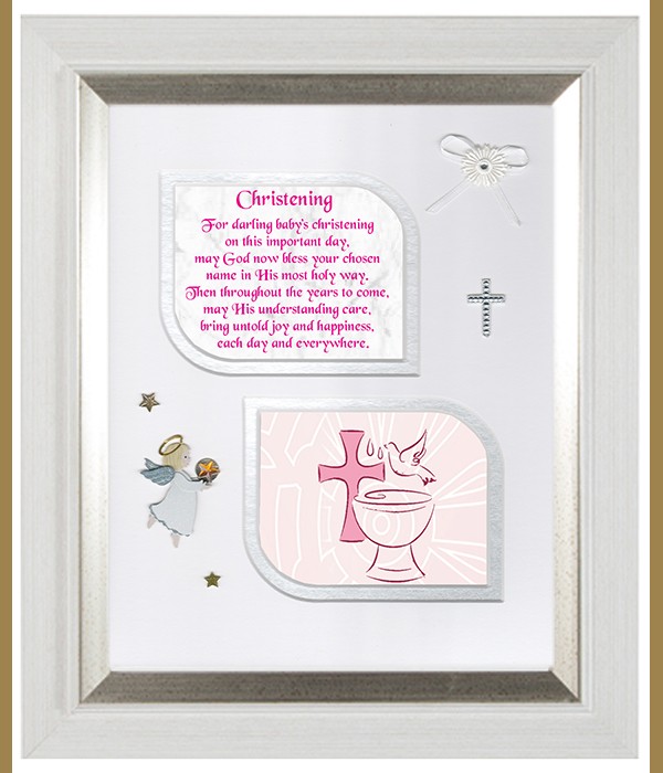 Christening Pink Font & Dove, Cross & Flowers Verse & Photo Forever Frame