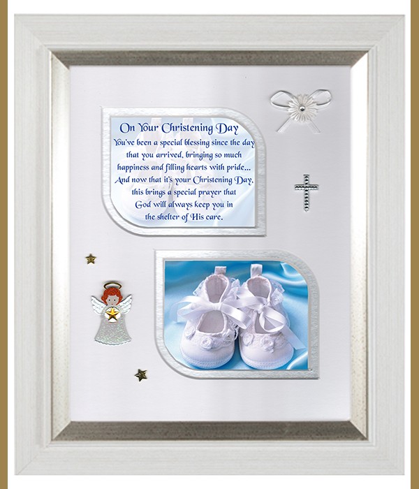 Christening Booties Blue, Cross & Flowers Verse & Photo Forever Frame