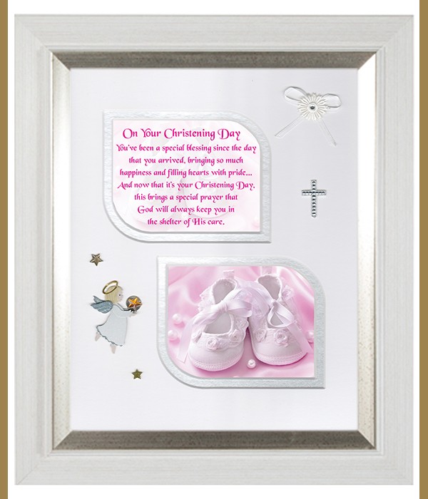 Christening Booties Pink, Cross & Flowers Verse & Photo Forever Frame