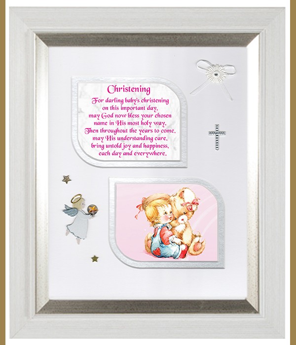 Christening Girl & Teddy, Cross & Flowers Verse & Photo Forever Frame