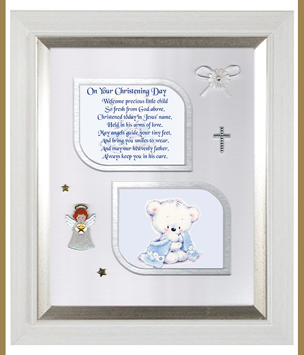 Christening Hush Teddy Blue, Cross & Flowers Verse & Photo Forever Frame