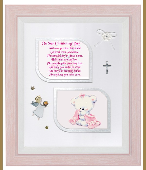 Christening Hush Teddy Pink, Cross & Flowers Verse & Photo Forever Frame