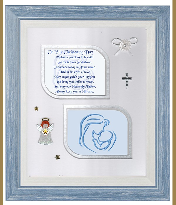 Christening Mother & Child Blue, Cross & Flowers Verse & Photo Forever Frame