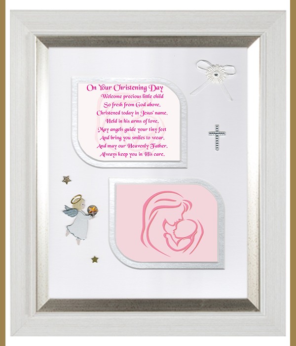 Christening Mother & Child Pink, Cross & Flowers Verse & Photo Forever Frame