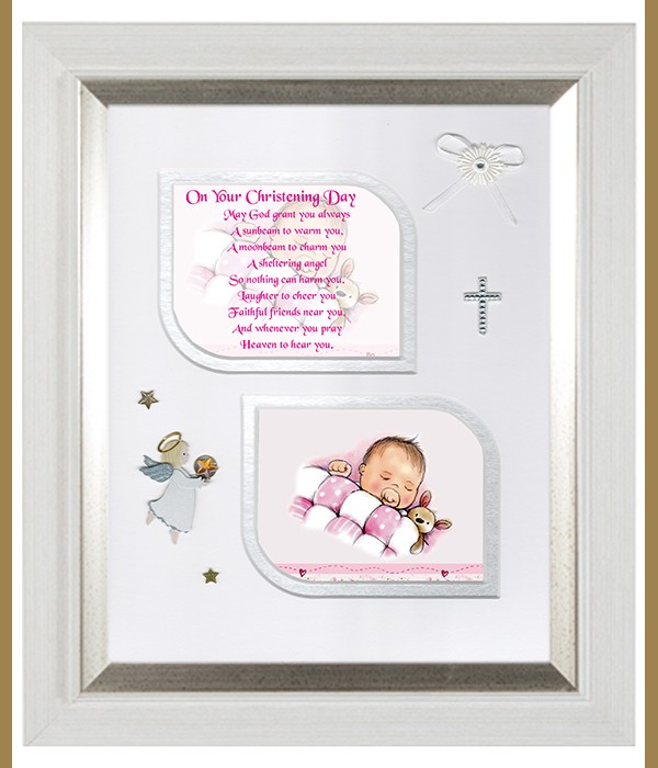 Christening Quilt Baby Pink, Cross & Flowers Verse & Photo Forever Frame