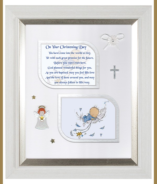 Christening Feather Baby Blue, Cross & Flowers Verse & Photo Forever Frame