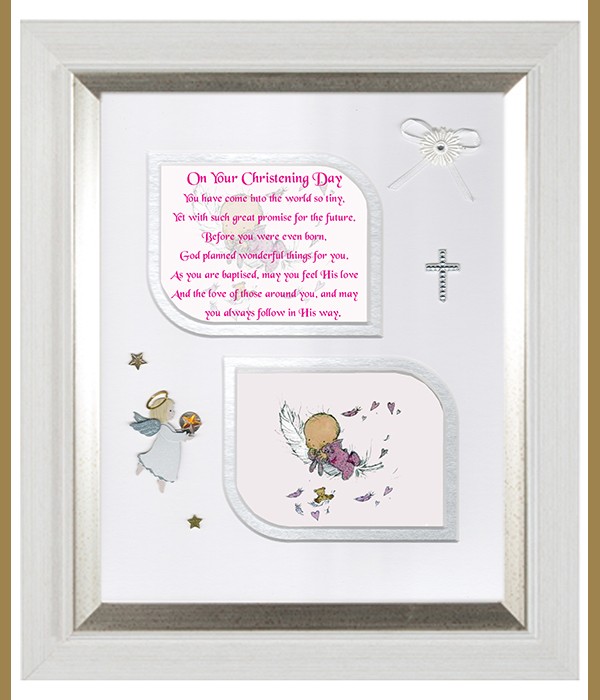 Christening Feather Baby Pink, Cross & Flowers Verse & Photo Forever Frame