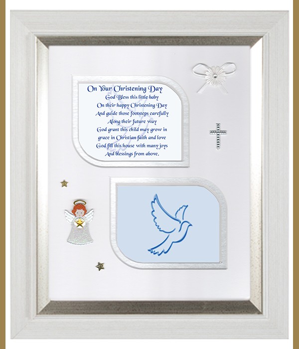 Christening Flying Dove Blue, Cross & Flowers Verse & Photo Forever Frame