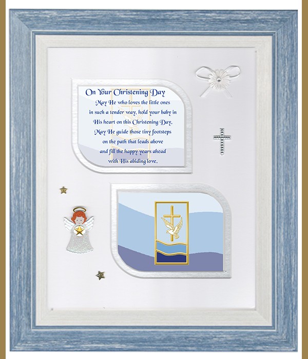 Christening Dove & Water Blue, Cross & Flowers Verse & Photo Forever Frame