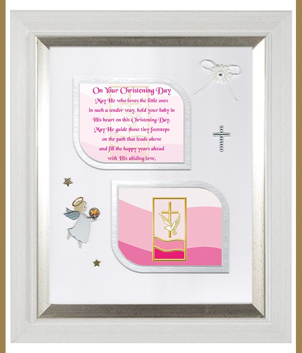 Christening Dove & Water Pink, Cross & Flowers Verse & Photo Forever Frame