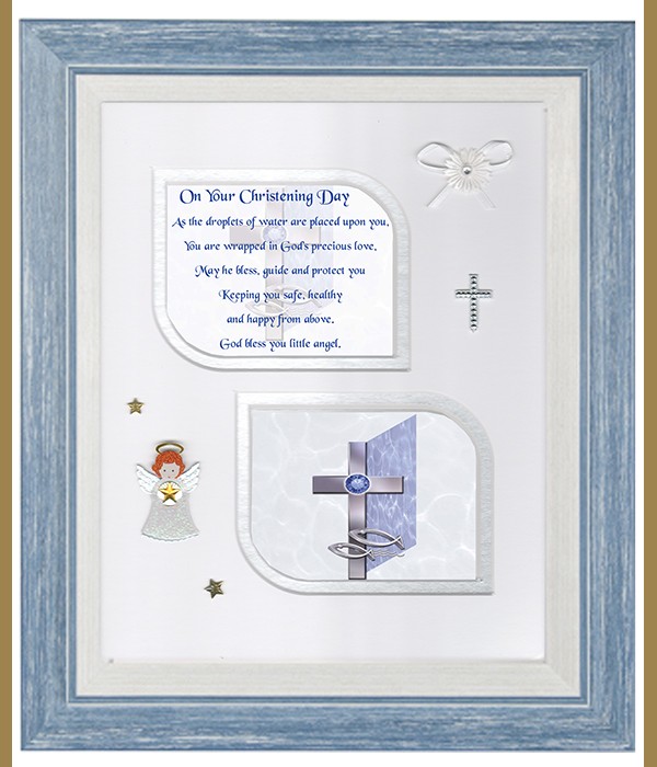 Christening Cross & Fish Blue, Cross & Flowers Verse & Photo Forever Frame