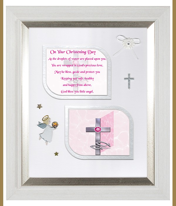 Christening Cross & Fish Pink, Cross & Flowers Verse & Photo Forever Frame