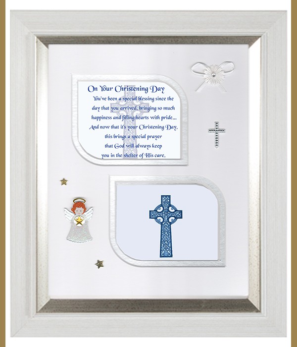 Christening Celtic Cross Blue, Cross & Flowers Verse & Photo Forever Frame