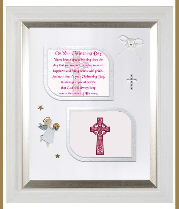 Christening Celtic Cross Pink, Cross & Flowers Verse & Photo Forever Frame