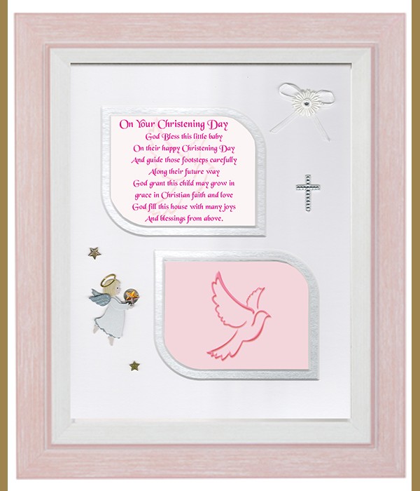 Christening Flying Dove Pink, Cross & Flowers Verse & Photo Forever Frame