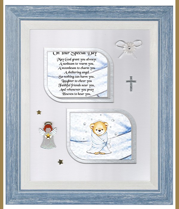 On Your Special Day Bubbles & Ted Blue, Cross & Flowers Verse & Photo Forever Frame