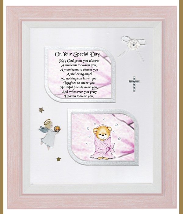 On Your Special Day Bubbles & Ted Pink, Cross & Flowers Verse & Photo Forever Frame