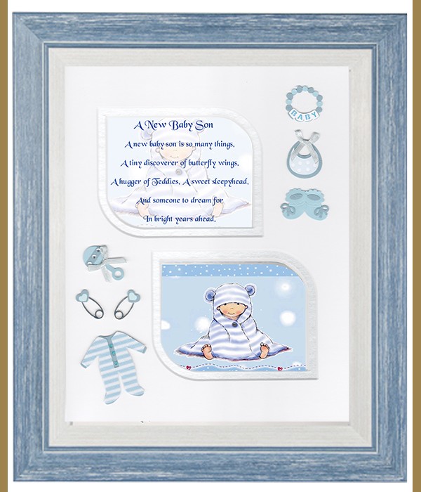 New Baby Son Blue, Cross & Flowers Verse & Photo Forever Frame