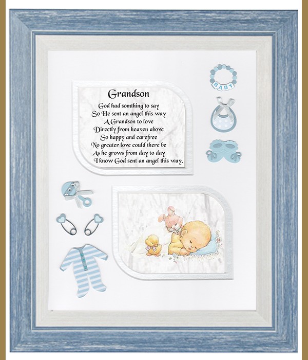 Grandson Blue, Cross & Flowers Verse & Photo Forever Frame