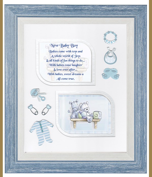 New Baby Teddy on Shelf Blue, Cross & Flowers Verse & Photo Forever Frame
