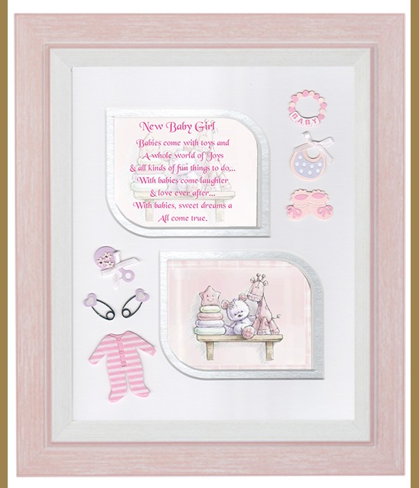 New Baby Teddy on Shelf Pink, Cross & Flowers Verse & Photo Forever Frame