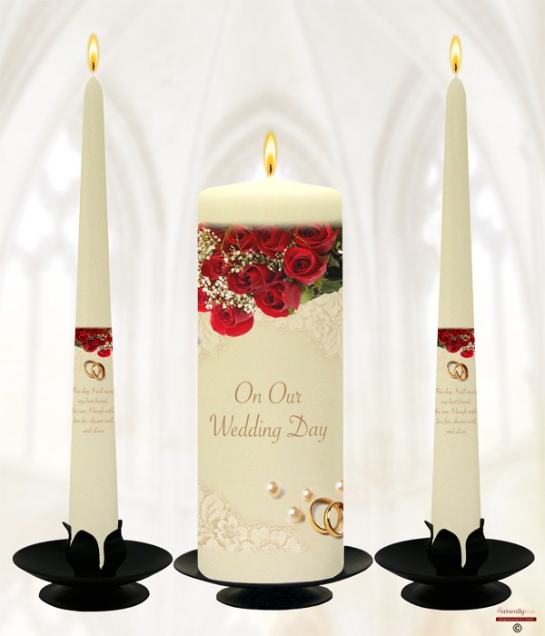 Pearl, Rings & Red Roses Gold Wedding Candles