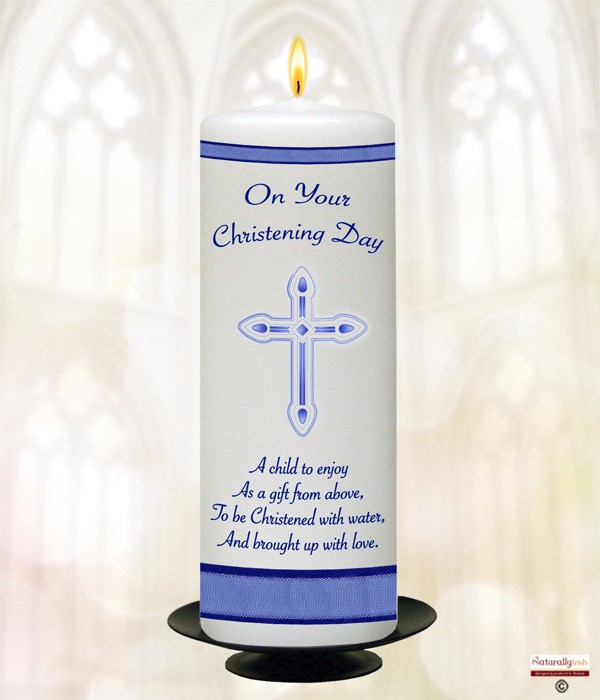 Diamante & Cross Blue Christening Candle