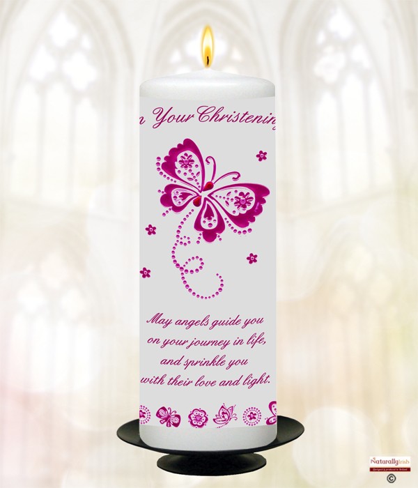 Diamante & Butterfly Pink Christening Candle