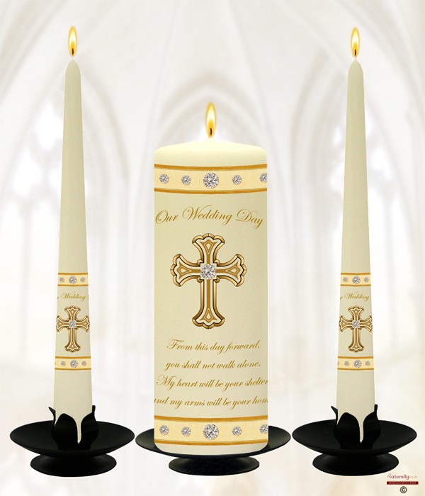 Diamante & Cross Gold Wedding Candles
