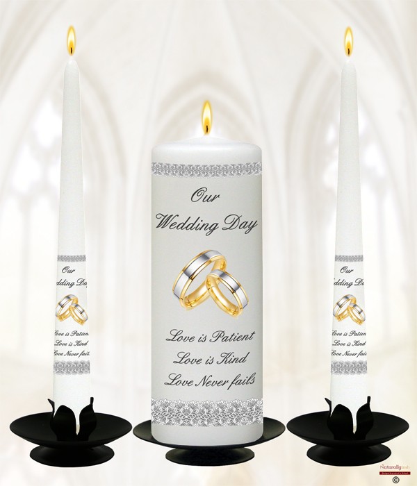 Ornate Lace & Rings Silver Wedding Canlde