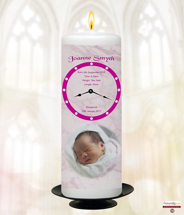 Christening Candle Clock Face Time & Photo Pink