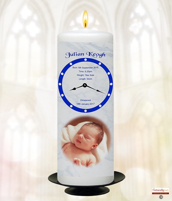 Christening Candle Clock Face Time & Photo Blue
