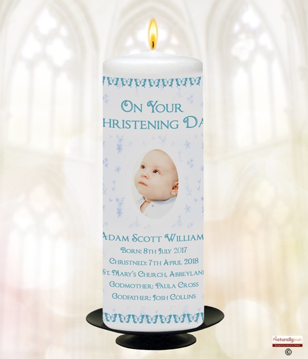 Butterfly & Feather Blue Photo Christening Candle