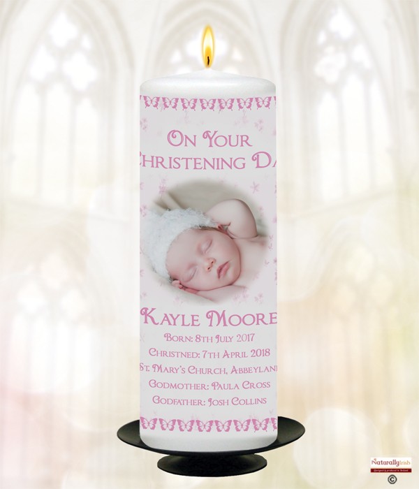 Butterfly & Feather Pink Photo Christening Candle